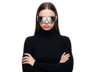 Serious young woman wearing futuristic silver shield sunglasses and black turtleneck isolated on transparent background