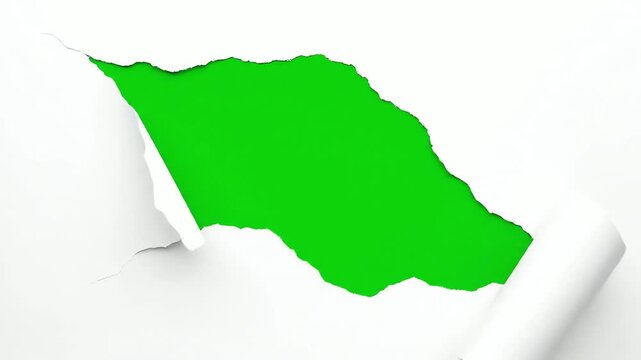 Clean white paper slowly tearing and peeling back to reveal a vibrant green screen background for a new opportunity concept and copy space