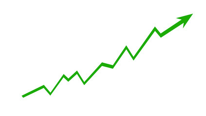 Green upward growth chart with arrow symbolizing business growth, profit increase and success. Clean vector style graphic for finance, marketing, presentations, reports and data visuals.
