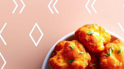 Close-up of fried food in a white bowl with green garnish. The background is a pink color with a white geometric pattern.