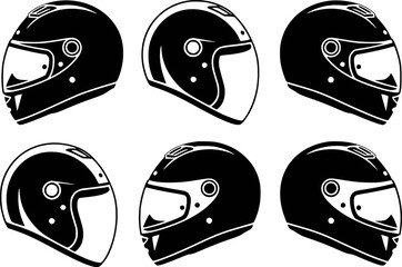 Six Black Motorcycle Helmets in a Grid Pattern on White Background