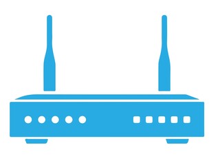 Blue icon of a wireless wifi router with two antennas