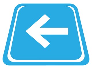 Blue button with white left arrow icon isolated on white