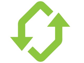 Green recycling or refresh icon with two curved arrows isolated on white background