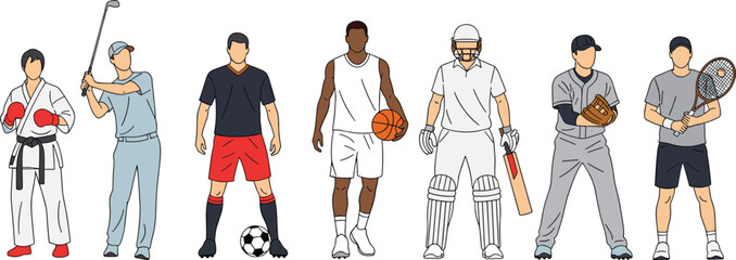 Illustrated athletes in diverse sports gear, karate, soccer, basketball, tennis, cricket, baseball, golf, sports character concept © Md