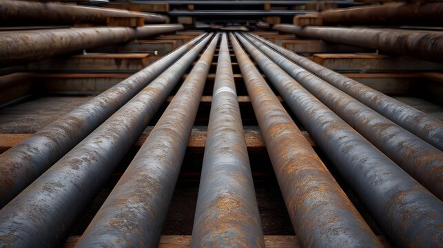 A perspective view of rusty industrial metal pipes arranged in parallel rows suggesting a vast network