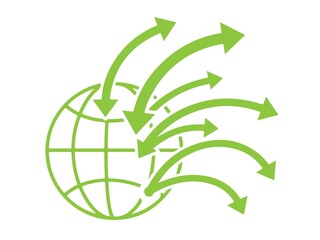 Green globe icon with arrows showing global distribution