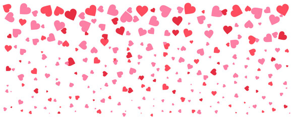 Pattern of falling or floating red and pink hearts in various sizes