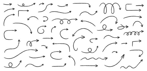 Collection of hand drawn chalk sketched arrows featuring different shapes, curves, swirls, and directions