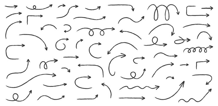 Collection of hand drawn chalk sketched arrows featuring different shapes, curves, swirls, and directions