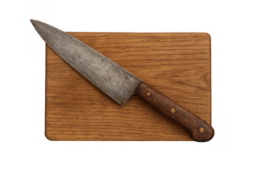 Kitchen knife on a rustic wooden cutting board, preparing food for cooking, top view with transparent background
