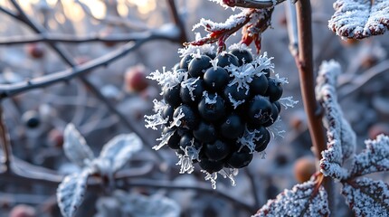 Closeup of frozen black berries covered in frost on a cold winter day, with blurred background of branches christmas