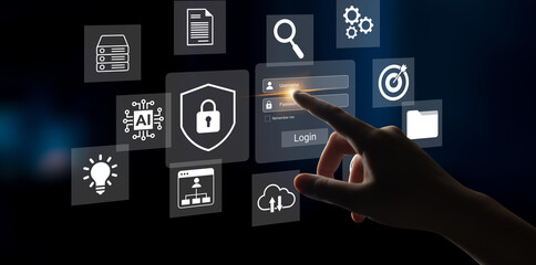 A hand interacting with a modern digital interface features various technology and security elements, emphasizing innovation, data management, and user engagement in a virtual space. Gantry