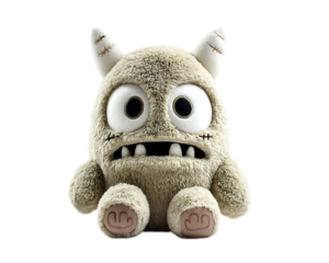 A cute, plush monster toy with big eyes, horns, and a stitched mouth.