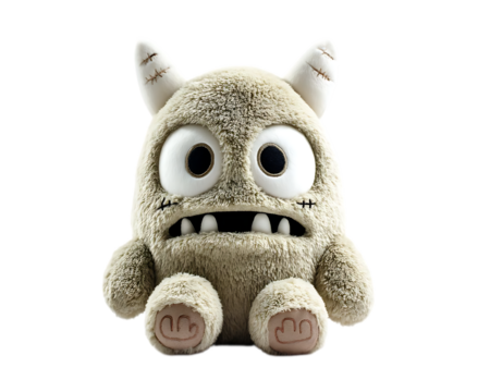 A cute, plush monster toy with big eyes, horns, and a stitched mouth.