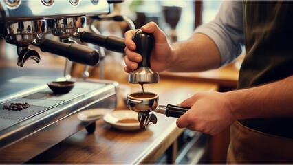 Professional barista carefully tamping rich, dark espresso at a stylish coffee shop, pouring aromatic brew with precision and expertise for discerning customers