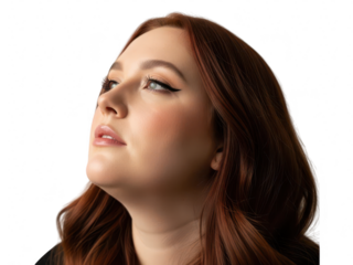Close up portrait of a young woman with auburn hair and dramatic winged eyeliner looking up, isolated on transparent background