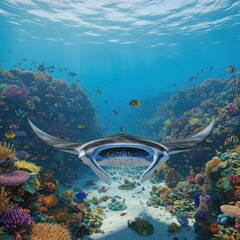 Oceanic Innovation: Robotic Manta Ray Amidst Coral and Tropical Fish