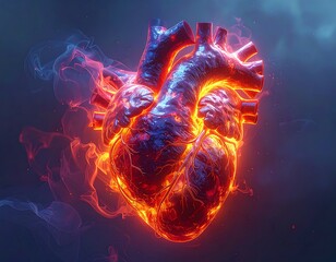 Digital 3D rendering of a vibrant human heart with fiery effects