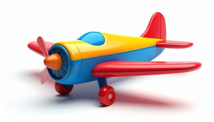 Vintage 3d icon of wooden toy biplane isolated on white, with propeller and red wing for travel illustration
