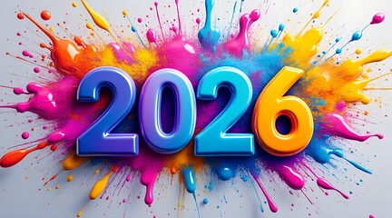 Illustration of vibrant 3d rendering of the year 2026 in bold blue and orange numerals exploding from a colorful paint splash background for celebration and new beginning concept art