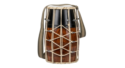 Traditional Indian Wooden Dholak Hand Drum Product Shot with Strap isolated PNG with Transparent Background