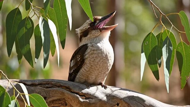 Kookaburra calling from a eucalyptus branch with leaves overhead