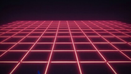 Illuminated grid structure is rendered in a vibrant pinkish-red hue, creating a sense of depth and a dynamic graphic.