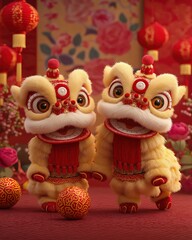 Obraz premium Colorful lion dance puppets celebrate cultural festivities, symbolizing joy and prosperity in traditional celebrations.