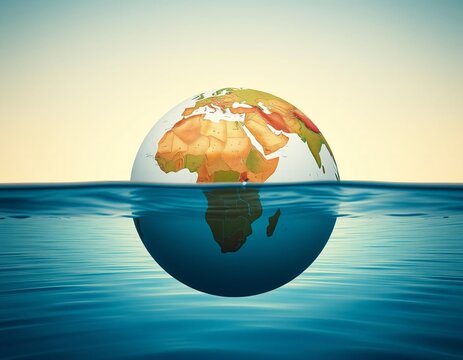 3D global sphere illustration of earth continents map reflecting on abstract blue ocean water with a business concept environment