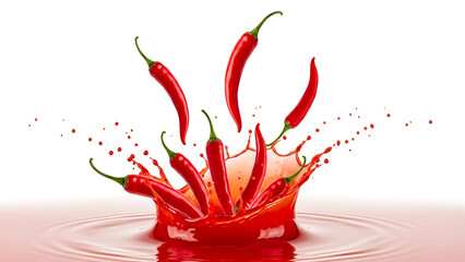 Vibrant red chili peppers splashing dramatically into red liquid. The scene captures heat, energy, and movement&mdash;perfect for spicy food campaigns, advertisements, and culinary branding.