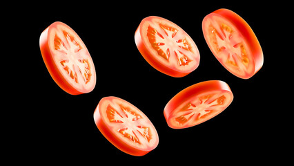 Floating tomato slices with soft focus lighting on a black background. The warm tones and texture create an appealing look for culinary visuals, food design, and advertising.