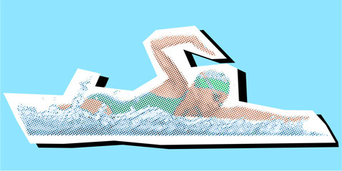 Swimming Halftone Dotted Collage Element Pointillize in Paper Torn Vector Ideal for water sports, fitness, aquatic activities, and abstract athletic graphics.