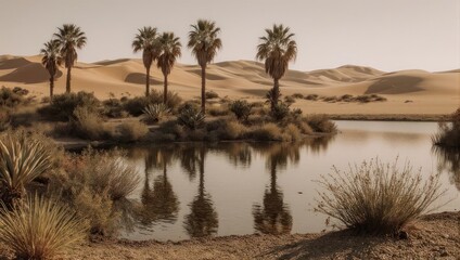Oasis in the Desert with Palm Trees and Water Reflection.