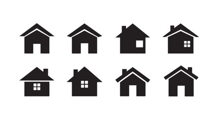 Fototapeta premium Collection of Symbolic Houses Representing Home, Architecture, and Security Concepts: Set of Eight Black and White Silhouette