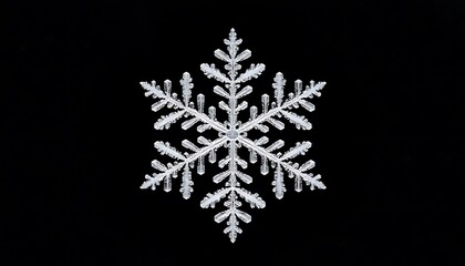 Real natural snowflake macro close up on black background. Ornate ice crystal texture for winter holiday design or Christmas greeting card.