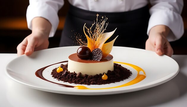 Chef presenting a gourmet dessert on a white plate. Fine dining concept for restaurant menu or culinary blog. Delicious pastry art.