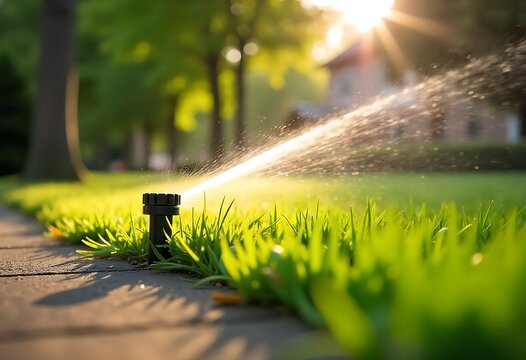 Automated sprinkler system watering a green lawn at sunrise, spraying fine droplets across fresh grass, showcasing irrigation technology, moisture, outdoor landscaping, and eco-friendly lawn care.