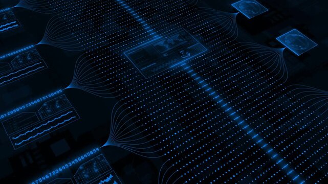 Royal blue color hi tech HUD animation binary code big data transfer matrix design dark technology background