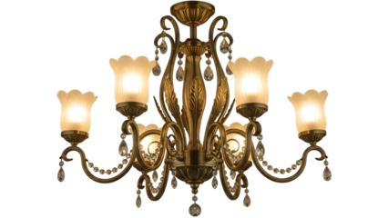 Elegant antique chandelier with ornate details and warm lighting isolated on transparent background