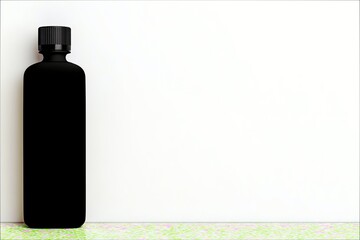 A black bottle stands against a white wall, minimalist design, with copy space. The bottle is on a surface with a green and pink pattern.