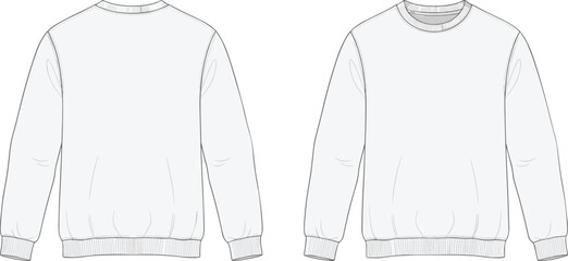 Cad drawing flat vector illustration, crewneck sweatshirt front back view, fashion design template, technical sketch, garment mockup, apparel outline © Selim Creatives