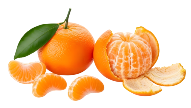 Fresh tangerines with green leaf and segments isolated on transparent background