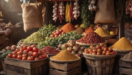 Colorful Spice Market Stall with Fresh Produce.