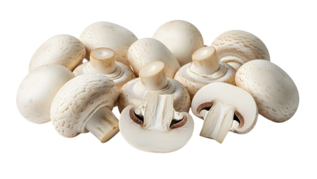 Pile of fresh white button mushrooms isolated on transparent background