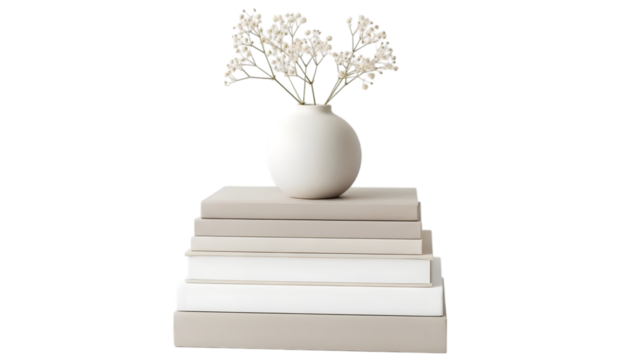 Stack of books with vase and flowers isolated on transparent background