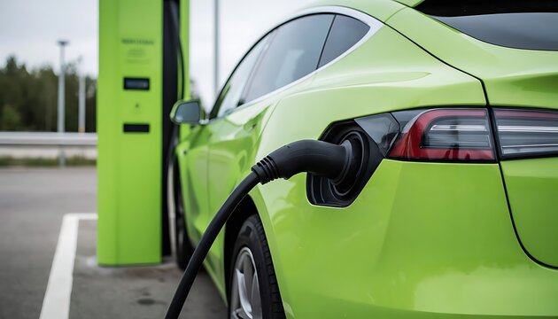 Green electric car charging at a public station. Sustainable transportation and eco-friendly vehicle concept for urban living.