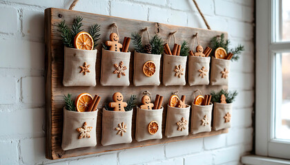 Rustic advent calendar made of wooden board and fabric pockets filled with Christmas treats. Winter holiday celebration and countdown.