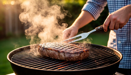 Man grilling beef steak on BBQ grill. Outdoor cooking and backyard party concept. Summer barbecue celebration. Delicious dinner.