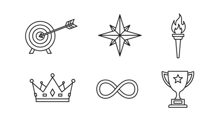 Black and White Line Art Illustration Featuring a Target, Compass Rose, Torch, Crown, Infinity Symbol, and Trophy Image